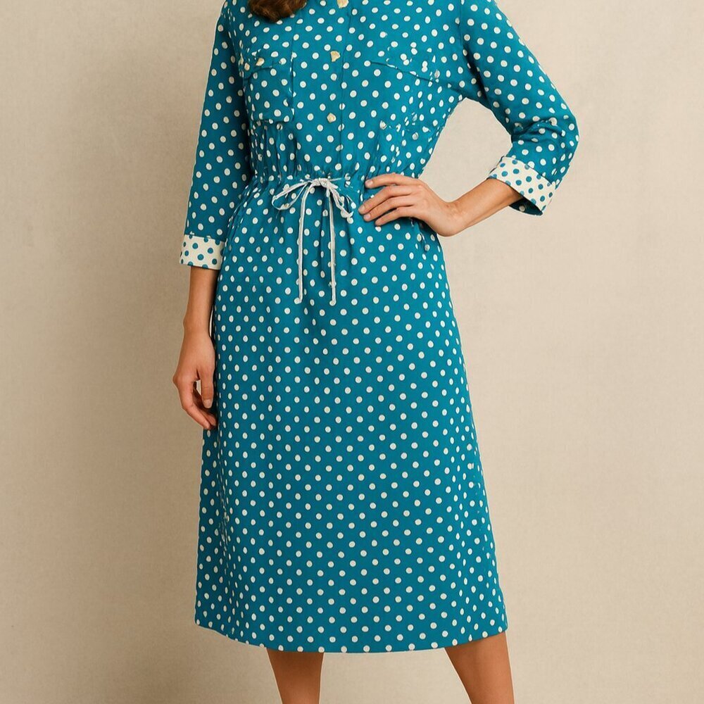 Vintage 80s Leslie Fay Teal White Polka Dot Midi Dress Drawstring 12